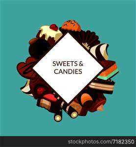 Vector cartoon chocolate candies under romb with place for text illustration. Vector cartoon chocolate candies illustration