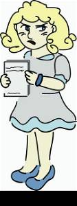 Vector cartoon clip art of a girl annoyed and frustrated with bad grades on her papers. No gradients used; isolated on white.