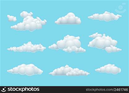 Vector cartoon cloud set. White element weather, blue sky background illustration. Vector cartoon cloud set