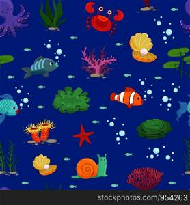 Vector cartoon colored underwater creatures and green seaweed pattern or background illustration. Vector cartoon underwater creatures and seaweed pattern or background illustration