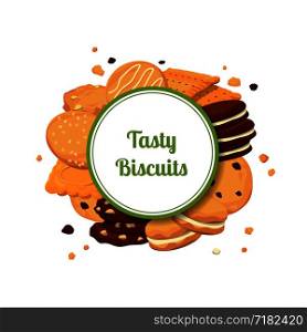 Vector cartoon cookies under circle with place for text illustration. Vector cartoon cookies with place for text illustration