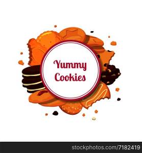 Vector cartoon cookies under circle with place for text illustration. Vector cartoon cookies