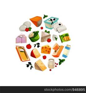 Vector cartoon dairy and cheese products in circle shape illustration isolated on white. Vector cartoon dairy and cheese products in circle shape illustration