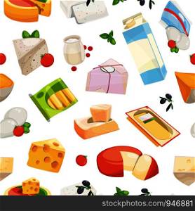 Vector cartoon dairy and cheese products pattern or background illustration. Dairy food, cheese and cream seamless backdrop. Vector cartoon dairy and cheese products pattern or background illustration