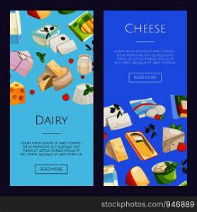 Vector cartoon dairy and cheese products web banner and poster for website templates illustration. Vector cartoon dairy and cheese products web banner templates illustration
