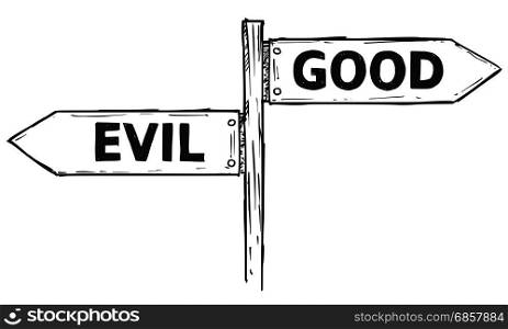 Vector cartoon doodle hand drawn crossroad wooden direction sign with two arrows pointing left and right as good or evil decision guide