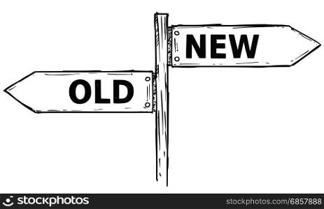 Vector cartoon doodle hand drawn crossroad wooden direction sign with two arrows pointing left and right as old or new decision guide