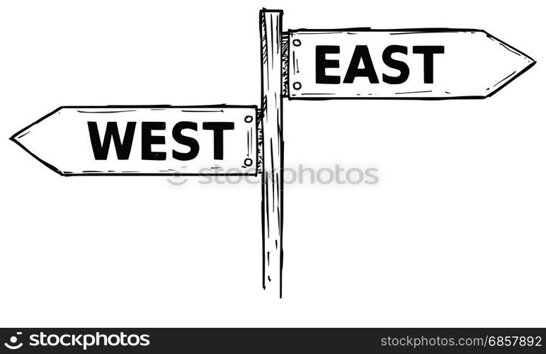 Vector cartoon doodle hand drawn crossroad wooden direction sign with two arrows pointing left and right as west or east decision guide