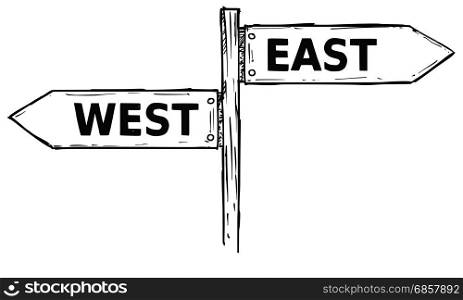 Vector cartoon doodle hand drawn crossroad wooden direction sign with two arrows pointing left and right as west or east decision guide