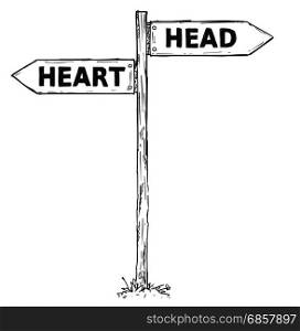 Vector cartoon doodle hand drawn crossroad wooden direction sign with two arrows pointing left and right as head or heart decision guide