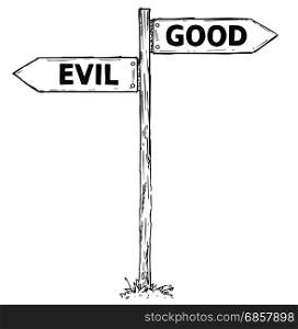 Vector cartoon doodle hand drawn crossroad wooden direction sign with two arrows pointing left and right as good or evil decision guide