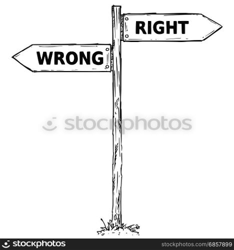 Vector cartoon doodle hand drawn crossroad wooden direction sign with two arrows pointing left and right as right or wrong decision guide