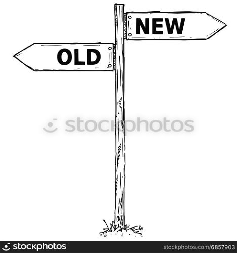 Vector cartoon doodle hand drawn crossroad wooden direction sign with two arrows pointing left and right as old or new decision guide