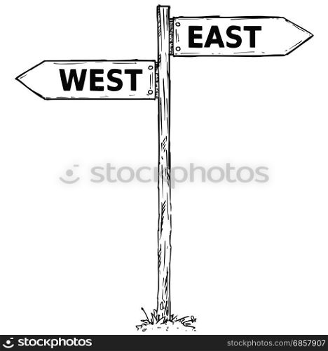Vector cartoon doodle hand drawn crossroad wooden direction sign with two arrows pointing left and right as east or west decision guide
