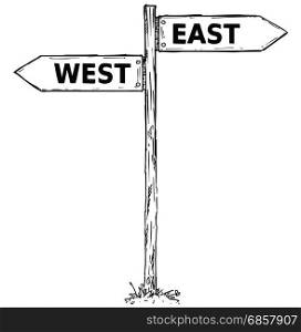 Vector cartoon doodle hand drawn crossroad wooden direction sign with two arrows pointing left and right as east or west decision guide