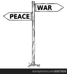 Vector cartoon doodle hand drawn crossroad wooden direction sign with two arrows pointing left and right as war or peace decision guide