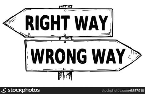 Vector cartoon doodle hand drawn crossroad wooden direction sign with two arrows pointing left and right as right or wrong way decision guide