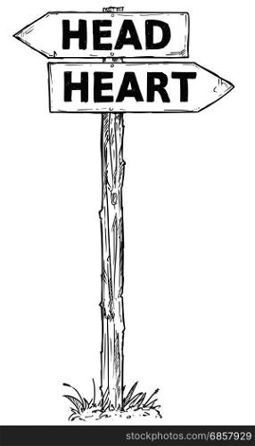 Vector cartoon doodle hand drawn crossroad wooden direction sign with two arrows pointing left and right as head or heart decision guide