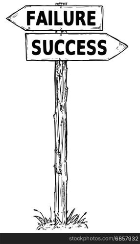 Vector cartoon doodle hand drawn crossroad wooden direction sign with two arrows pointing left and right as success or failure decision guide