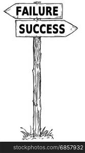 Vector cartoon doodle hand drawn crossroad wooden direction sign with two arrows pointing left and right as success or failure decision guide