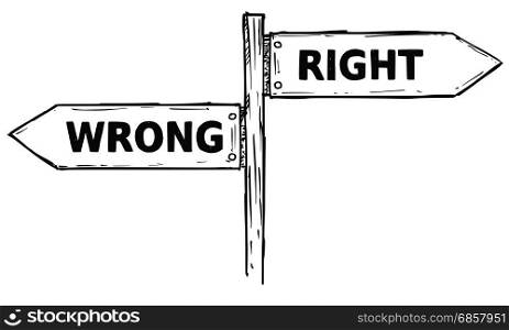 Vector cartoon doodle hand drawn crossroad wooden direction sign with two arrows pointing left and right as wrong or right decision guide