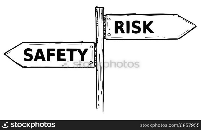 Vector cartoon doodle hand drawn crossroad wooden direction sign with two arrows pointing left and right as safety or risk decision guide