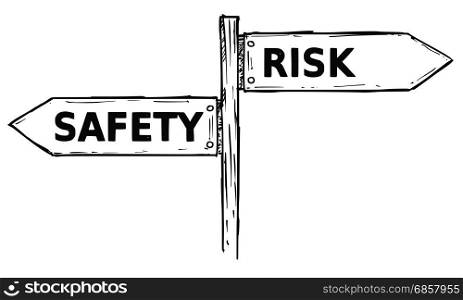 Vector cartoon doodle hand drawn crossroad wooden direction sign with two arrows pointing left and right as safety or risk decision guide