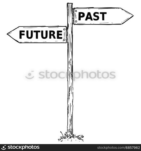 Vector cartoon doodle hand drawn crossroad wooden direction sign with two arrows pointing left and right as past or future decision guide