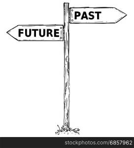 Vector cartoon doodle hand drawn crossroad wooden direction sign with two arrows pointing left and right as past or future decision guide