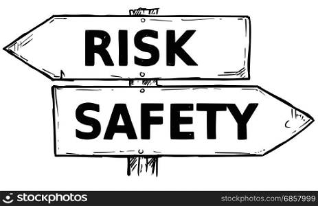 Vector cartoon doodle hand drawn crossroad wooden direction sign with two arrows pointing left and right as risk or safety decision guide