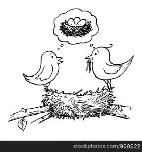 Vector cartoon drawing conceptual illustration of couple of male and female birds building nest and thinking together about lying eggs and having babies.. Vector Cartoon Illustration of Couple of Male and Female Birds Building Nest and Thinking Together About Laying Eggs