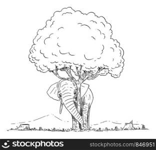 Vector cartoon drawing conceptual illustration of elephant hiding behind last tree that left from chopped down forest. The last elephant herd is hiding in the last forest. Environmental concept.. Vector Cartoon of Last Elephant Hiding Behind the Last Tree That Left From the Chopped Down Forest