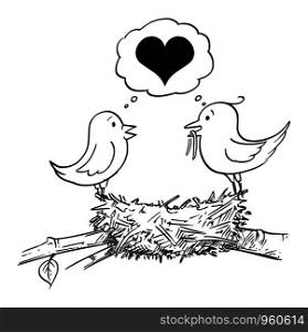 Vector cartoon drawing conceptual illustration of loving couple of male and female birds in love building nest and thinking together about heart symbol. Vector Cartoon Illustration of Loving Couple in Love of Male and Female Birds Building Nest and Thinking Together About Heart Symbol