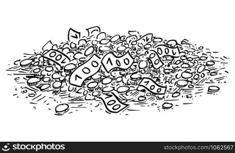 Vector cartoon drawing conceptual illustration of pile of cash or money, coins and banknotes. Concept of wealth and finances.. Vector Cartoon Illustration of Pile of Cash or Money, Coins and Bills or Banknotes.