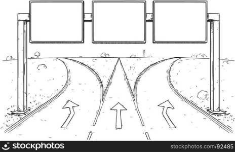 Vector cartoon drawing of blank empty road sign on three lines highway.