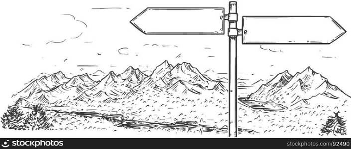 Vector cartoon drawing of empty blank road traffic sign in mountain area.