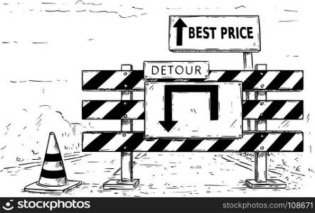 Vector cartoon drawing of road traffic block stop detour with best price sign boards.