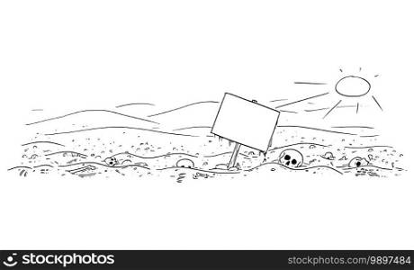 Vector cartoon drawing or illustration of abandoned desert landscape with bones and skulls. Empty sign for text. Concept of famine, epidemic, end of civilization or human extinction.. Vector Cartoon Illustration of Desert Landscape With Skulls and Bones. Empty Sign for Text. Epidemic, Famine, Human Extinction, End of Civilization