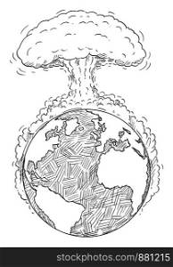 Vector cartoon drawing or illustration of planet Earth or world destroyed big nuclear explosion or global war or conflict. Concept of apocalypse.. Vector Cartoon Drawing of World Destroyed by Nuclear Explosion or War
