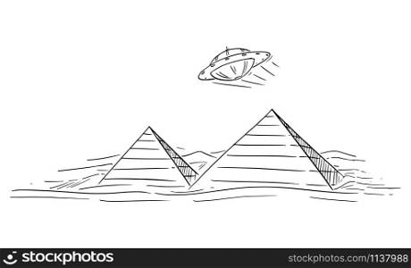 Vector cartoon drawing or illustration of UFO or unidentified flying object or alien or extraterrestrial spacecraft flying over Egyptian pyramids.. Vector Cartoon Illustration or Drawing of UFO or Alien Spacecraft Flying over Egyptian Pyramids