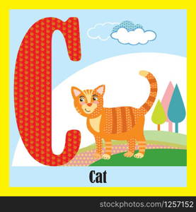 Vector cartoon flashcards of animal alphabet, letter A. Colorful cartoon illustration of letter and orange cat vector character. Bright colors zoo wildlife illustration. Cute flat cartoon style. Stock illustration.