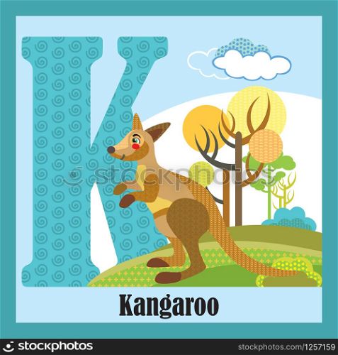 Vector cartoon flashcards of animal alphabet, letter F. Colorful cartoon illustration of letter K and kangaroo vector character. Bright colors zoo wildlife illustration. Cute flat cartoon style. Stock illustration.