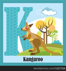 Vector cartoon flashcards of animal alphabet, letter F. Colorful cartoon illustration of letter K and kangaroo vector character. Bright colors zoo wildlife illustration. Cute flat cartoon style. Stock illustration.