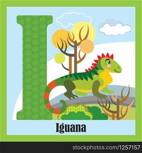 Vector cartoon flashcards of animal alphabet, letter I. Colorful cartoon illustration of letter and iguana vector character. Bright colors zoo wildlife illustration. Cute flat cartoon style. Stock illustration.