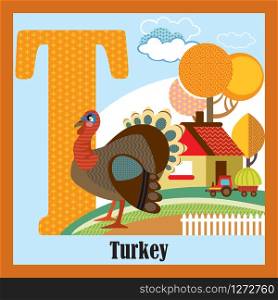 Vector cartoon flashcards of animal alphabet, letter T. Colorful cartoon illustration of letter T and turkey vector character. Bright colors zoo wildlife illustration. Cute flat cartoon style. Stock illustration.