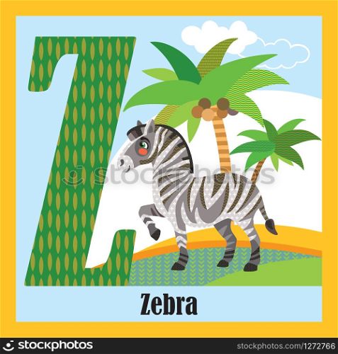 Vector cartoon flashcards of animal alphabet, letter Z. Colorful cartoon illustration of letter Z and zebra vector character. Bright colors zoo wildlife illustration. Cute flat cartoon style. Stock illustration.
