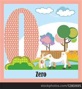 Vector cartoon flashcards of animal numbers, number 0. Colorful cartoon illustration of number 0 and goat vector character. Bright colors zoo wildlife illustration. Cute flat cartoon style. Stock illustration.