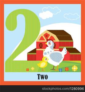 Vector cartoon flashcards of animal numbers, number 2. Colorful cartoon illustration of number 2 and hen vector character. Bright colors zoo wildlife illustration. Cute flat cartoon style. Stock illustration.