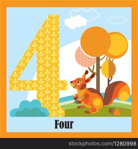 Vector cartoon flashcards of animal numbers, number 4. Colorful cartoon illustration of number 4 and squirrel vector character. Bright colors zoo wildlife illustration. Cute flat cartoon style. Stock illustration.