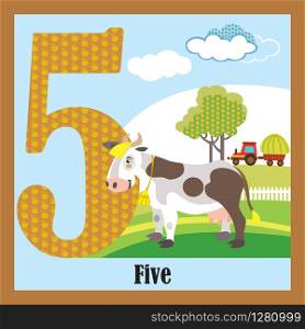 Vector cartoon flashcards of animal numbers, number 5. Colorful cartoon illustration of number 5 and cow vector character. Bright colors zoo wildlife illustration. Cute flat cartoon style. Stock illustration.